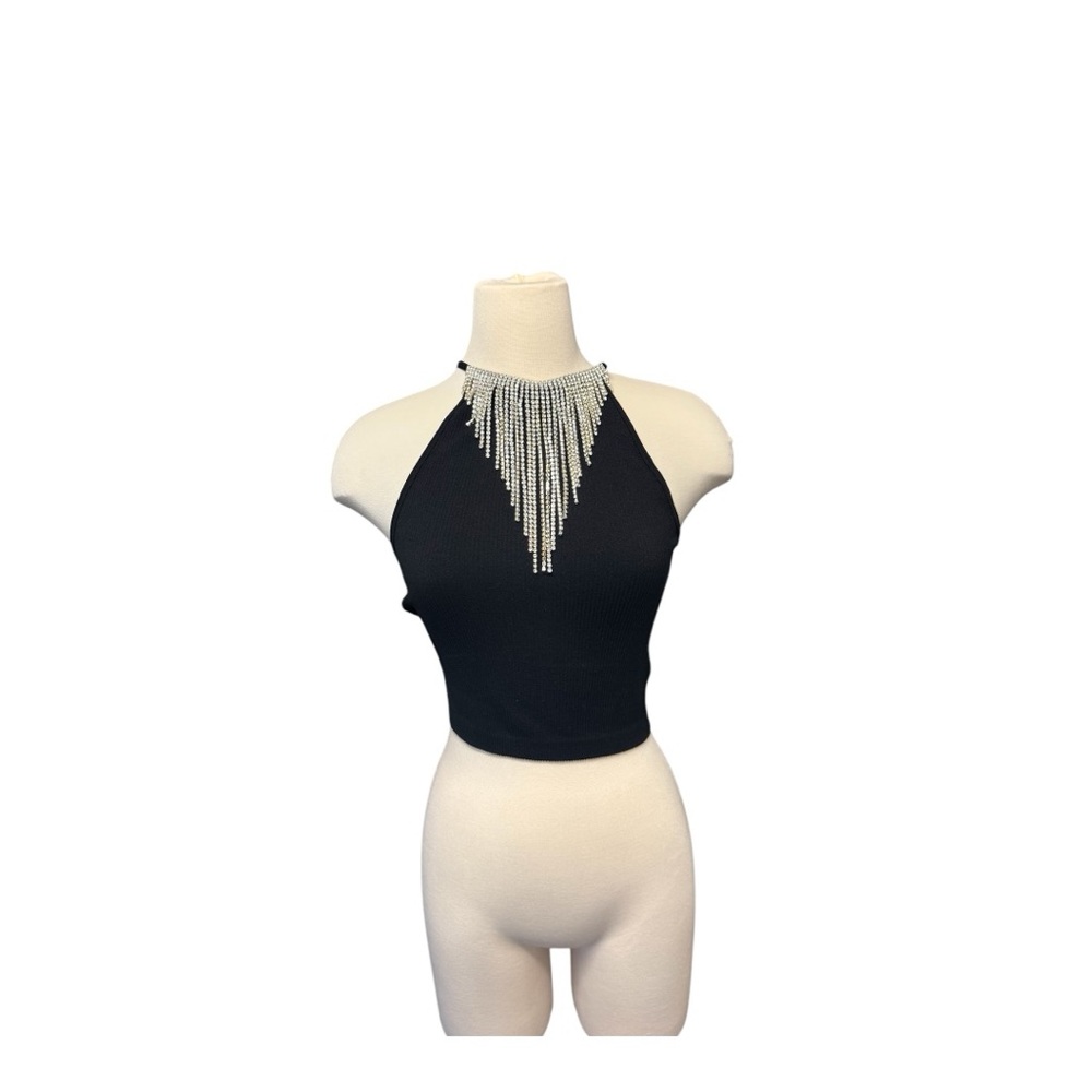 EXPRESS Black Halter Top with Silver Accents